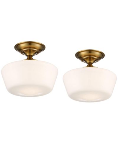 Regency Hill Schoolhouse Rustic Farmhouse Ceiling Light Semi Flush Mount Fixture  Set of 2 Soft Metal Opal Glass for Bedroom