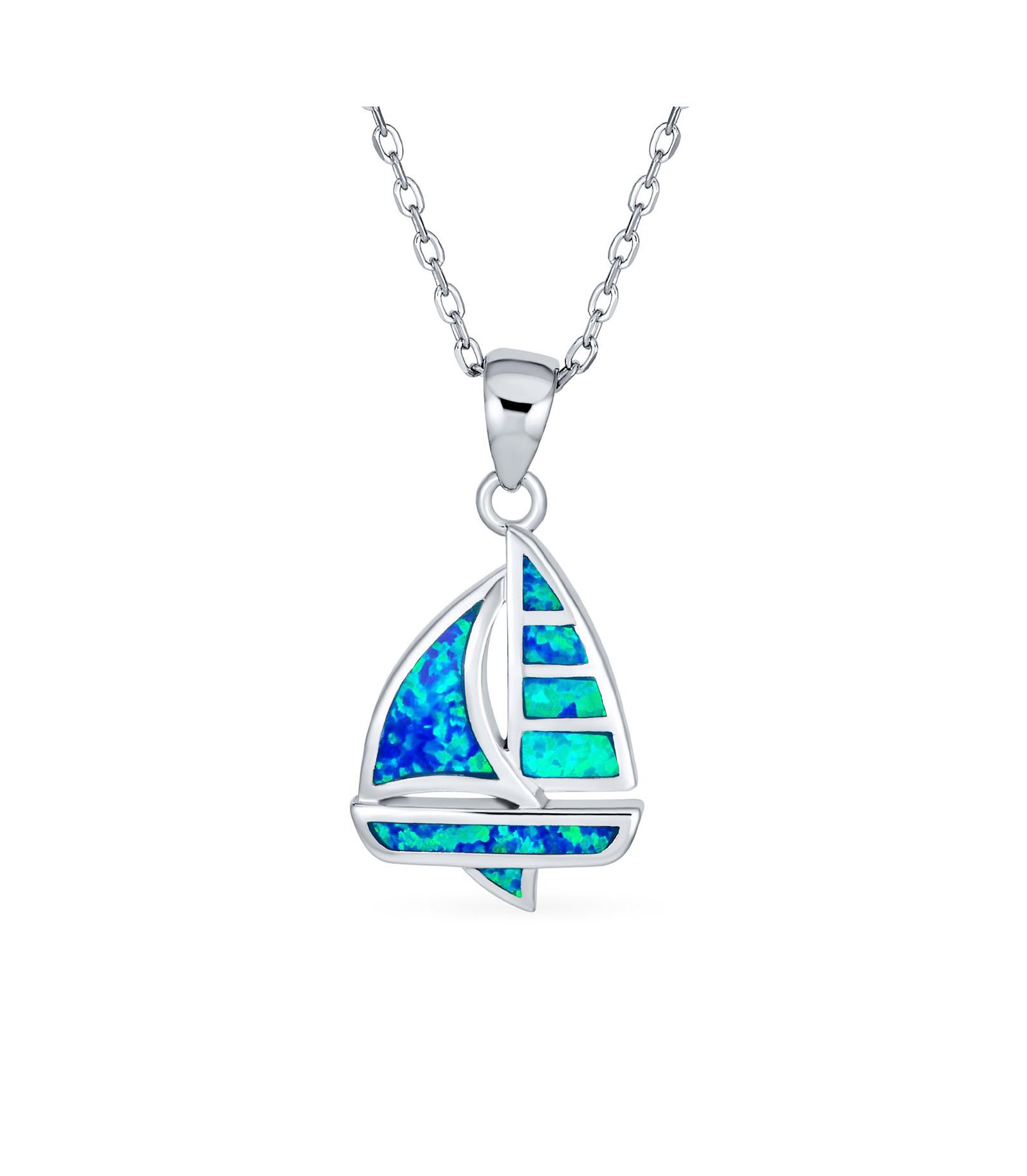 Bling Jewelry Nautical Created Opal Sailboat Necklace Pendant .925 Sterling Silver