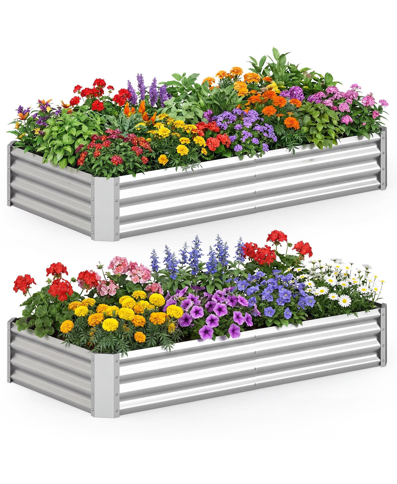 Gymax 2 Pieces Galvanized Raised Garden Bed Rectangular Galvanized Metal Planter Box