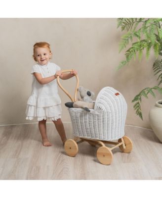 MOMIJI Colette Handcrafted Rattan Doll Stroller with Wooden Wheels and Toy Mattress - Wicker