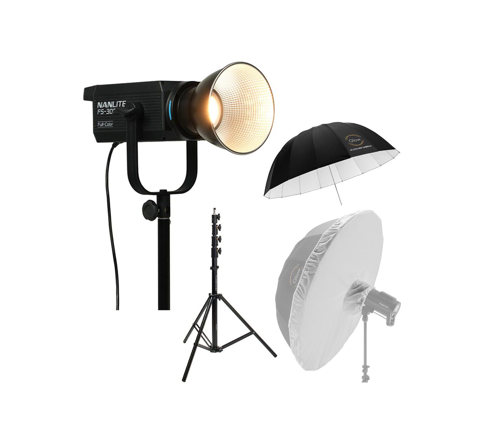 Nanlite FS-300C RGBW COB LED Video Spotlight, Bundle with 65" Easy Lock Umbrella, Umbrella Diffuser and 9.5' Air-Cushioned Light Stand