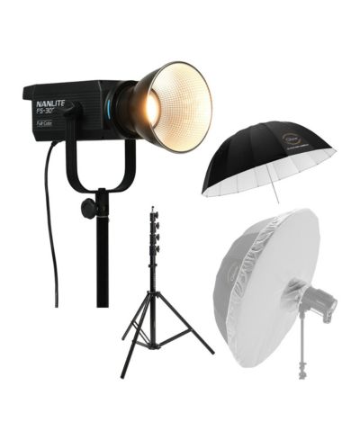 Nanlite FS-300C RGBW COB LED Video Spotlight, Bundle with 65" Easy Lock Umbrella, Umbrella Diffuser and 9.5' Air-Cushioned Light Stand