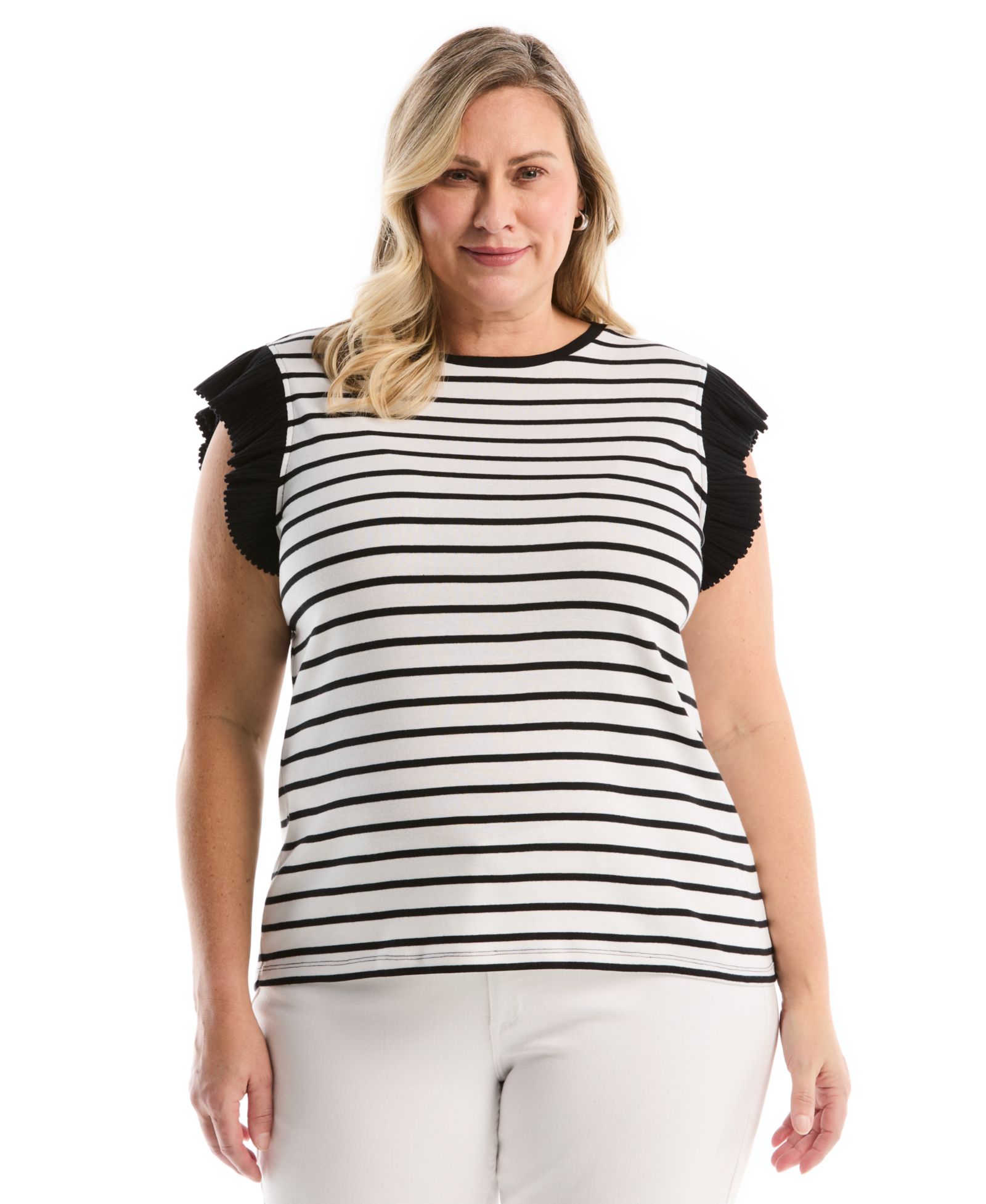 Топ Plus Size Rafaella в полоску с оборками и коротким рукавом
