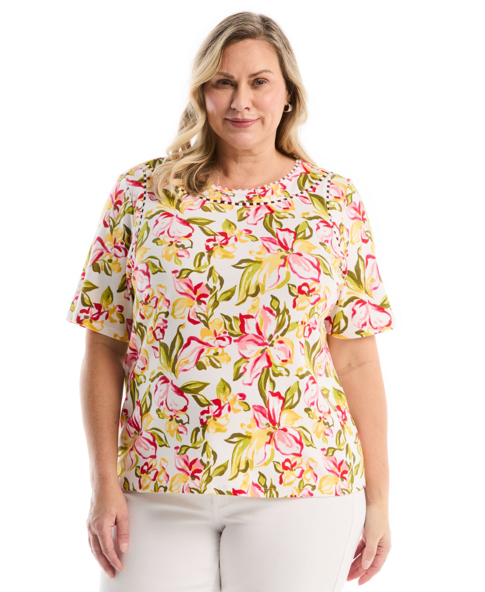 Женский топ Rafaella Plus Size Petal Print Pom Trim Detail Short-Sleeve