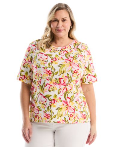 Женский топ Rafaella Plus Size Petal Print Pom Trim Detail Short-Sleeve