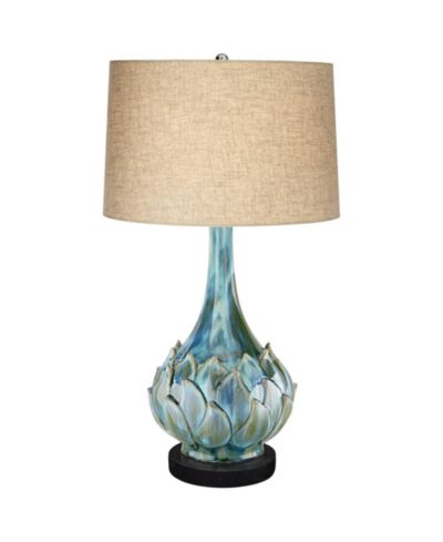 Современная настольная лампа Possini Euro Design Kenya с круглым основанием 29 1/2" Tall Blue Green Ceramic Linen Drum Shade для спальни и гостиной, Детский
