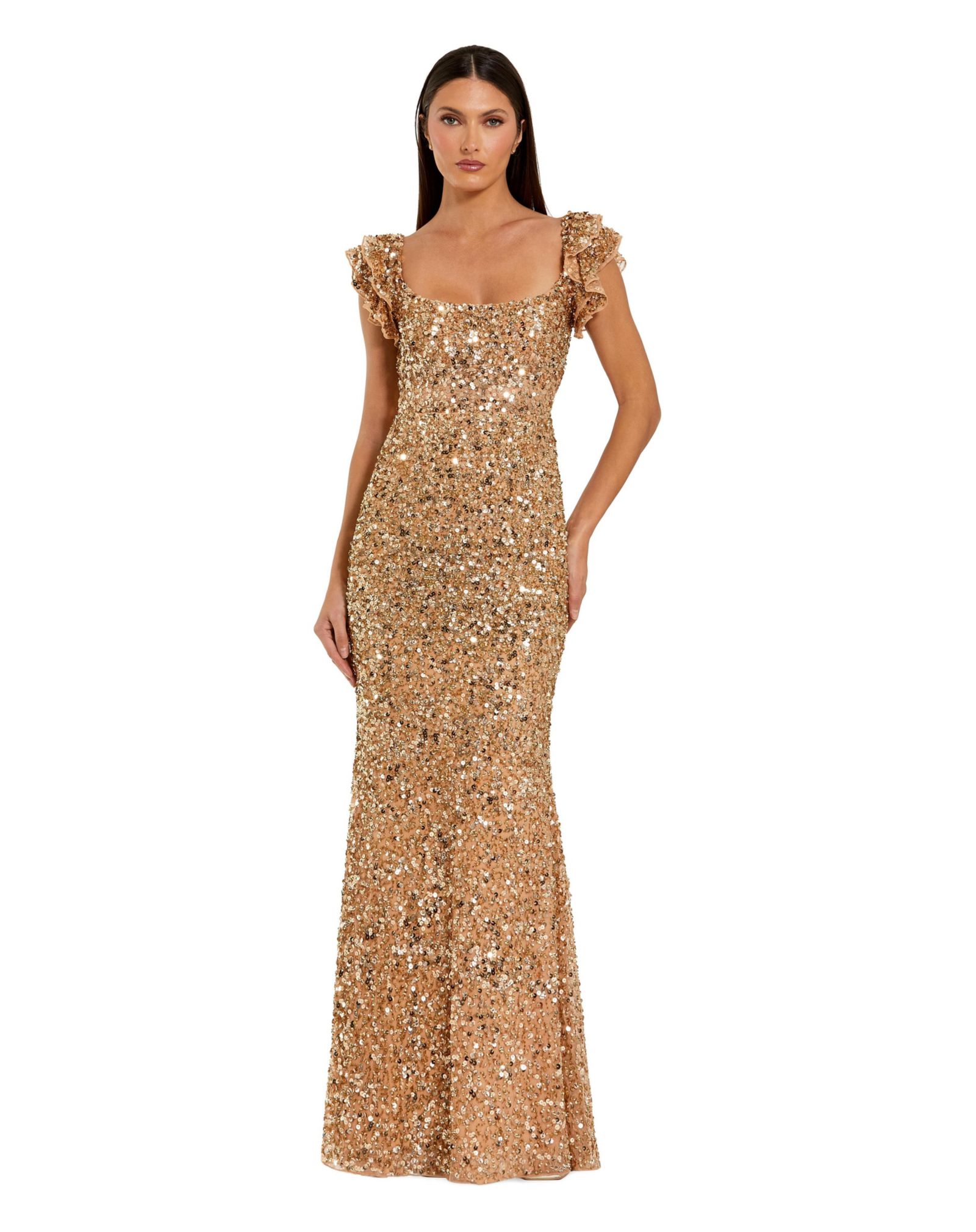 Mac Duggal Women's Sequin Mesh Ruffle Sleeve Trumpet Evening Gown