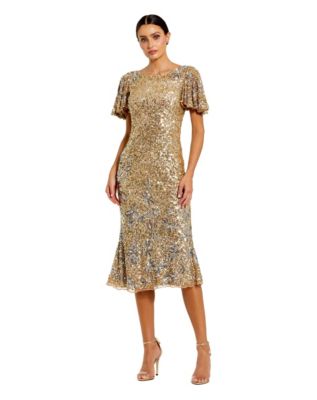 Женское миди-платье Mac Duggal Flutter Sleeve Floral Embellished Sequin