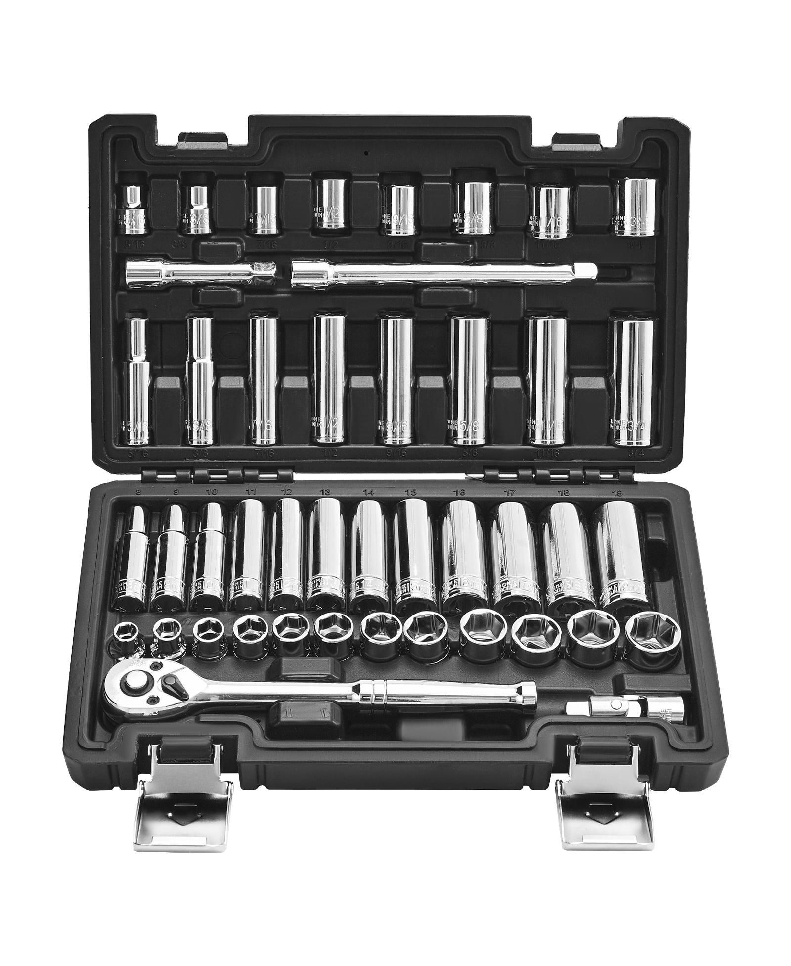 Mecale 44-Piece  Drive Socket & Ratchet Set, SAE & Metric, Deep & Shallow, Accessories, Storage Case, CR-V Alloy Steel