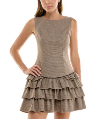 SENI & CADE Juniors' Houndstooth Boat Neck Tiered Skirt Mini Dress