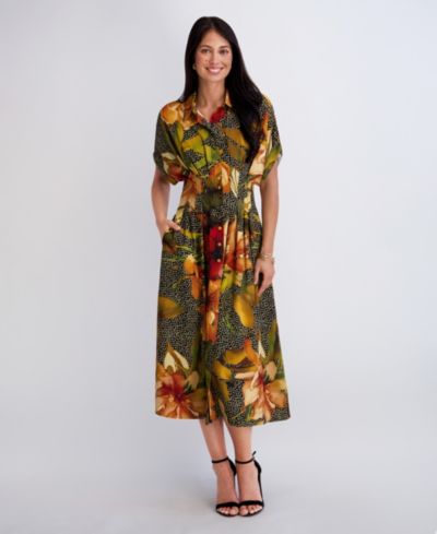 Kensie Women's Button-Front Collared Neck Midi Shirt-Dress