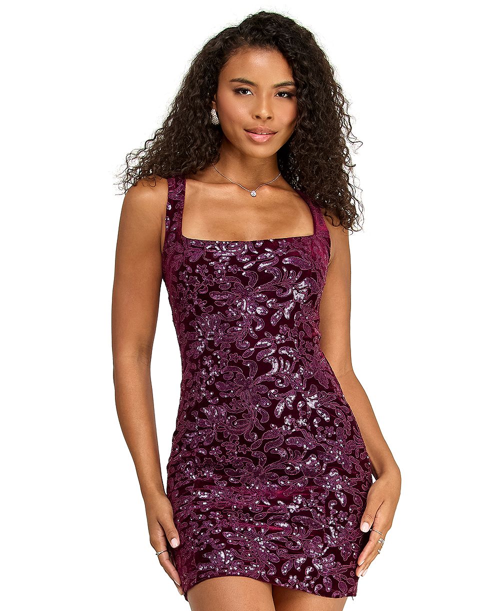 KATIA RAE Juniors' Sequined Velvet Lace Up Open-Back Mini Dress