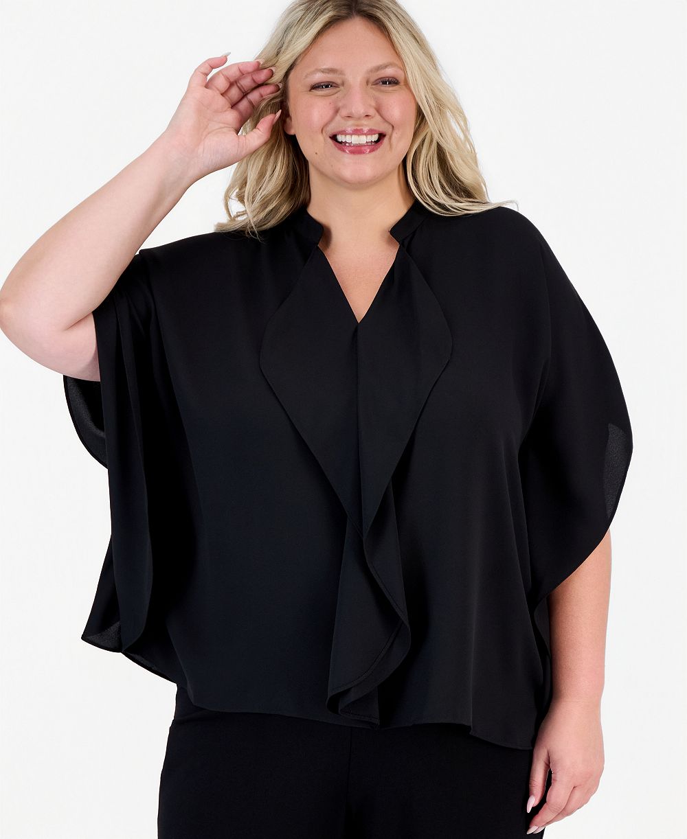 Anne Klein Plus Size Split-Neck Ruffle-Front Dolman-Sleeve Blouse
