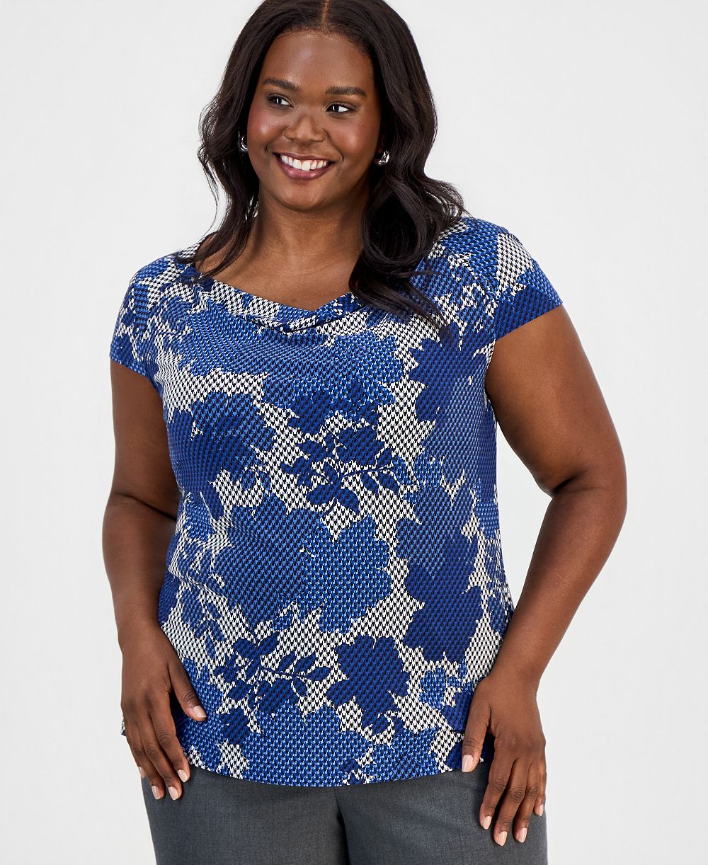 Kasper Plus Size Cowl-Neck Cap-Sleeve Top