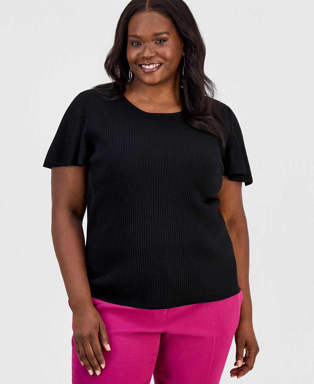 Kasper Plus Size Crewneck Flutter-Sleeve Rib-Knit Sweater