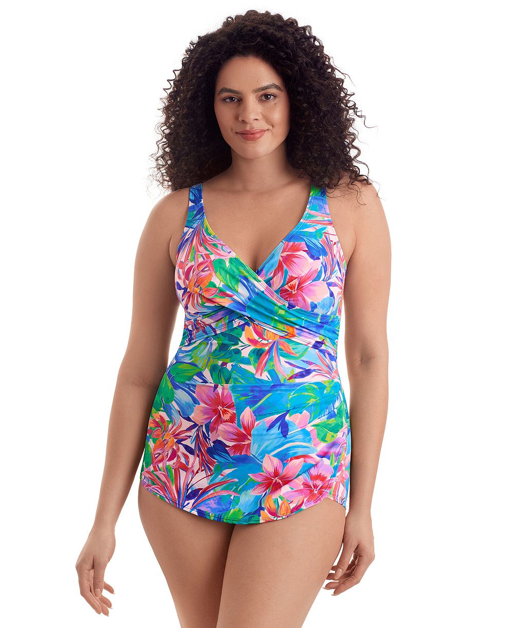 ShapeSolver Women's Cross Over V-Neck Printed One-Piece Swimsuit