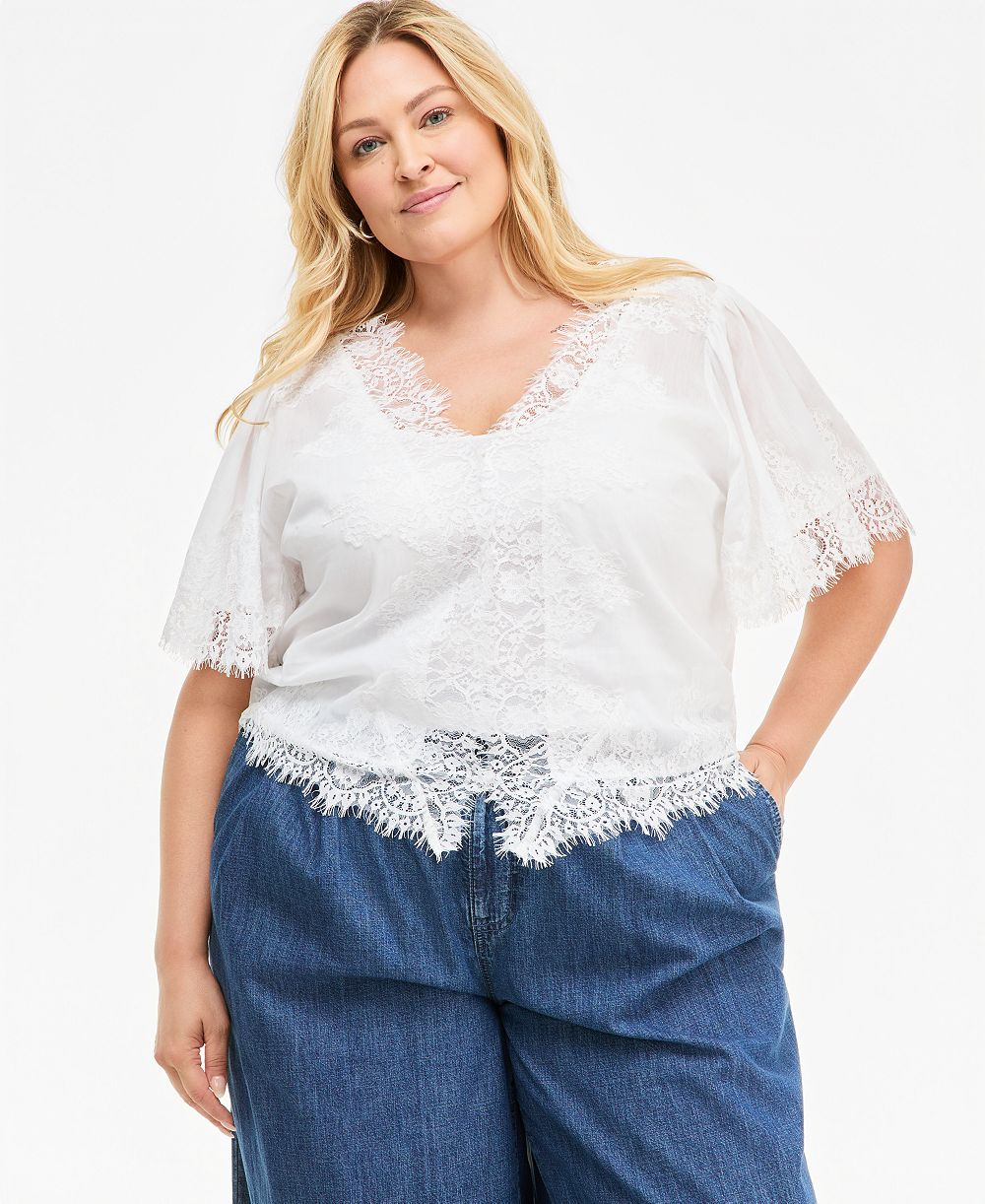 On 34th Plus Size Lace Short-Sleeve Blouse, Macy's Exclusive