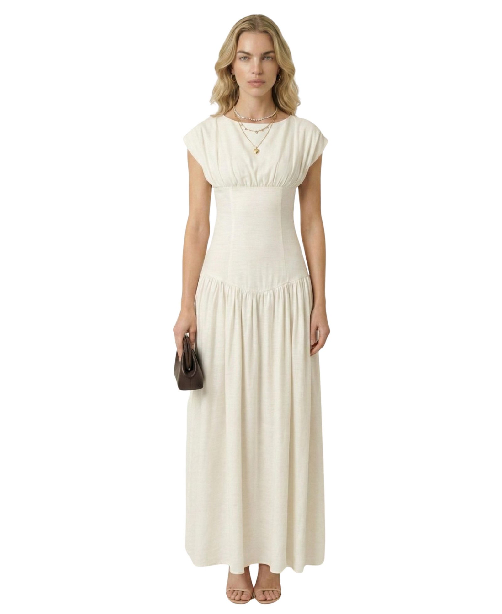 Modenaire Women's Cap-Sleeve Gathered Bodice Maxi Dress