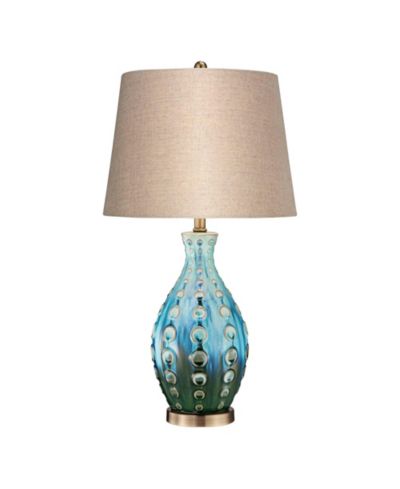 360 Lighting Mid Century Modern Table Lamp with Table Top Dimmer 26.5" High Teal Ceramic Fabric Drum for Living Room Bedroom