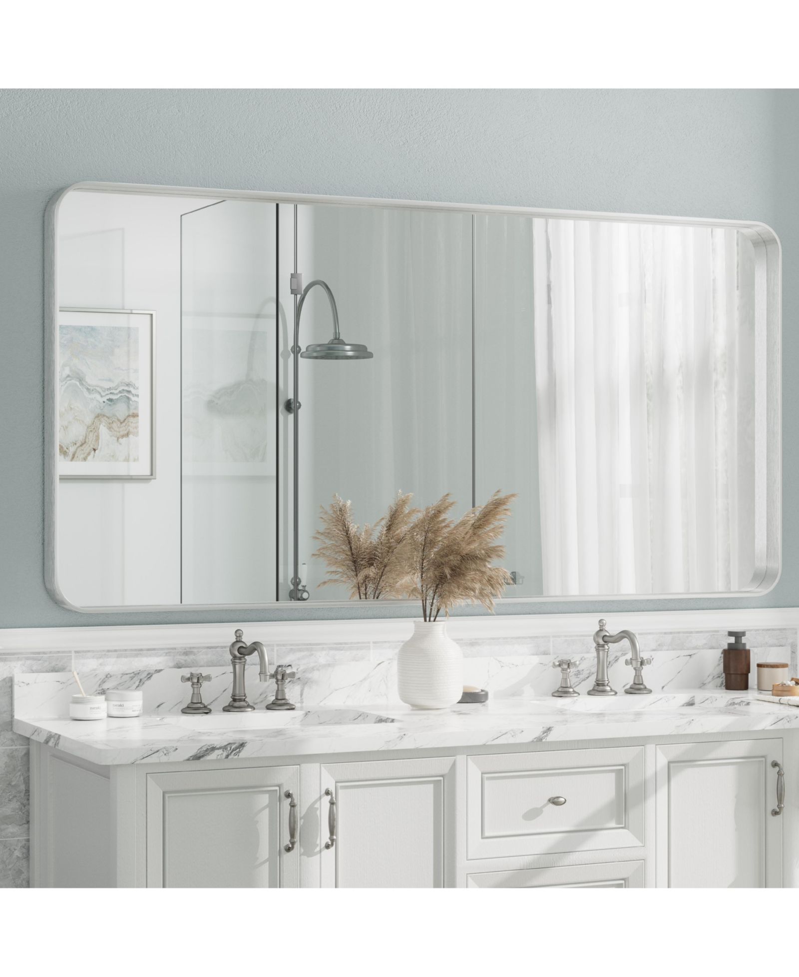 Apmir 72" x 36" High-Strength Tempered Glass and Aluminum Alloy Framed Wall Decor Bathroom Vanity Mirror in Brushed Silver