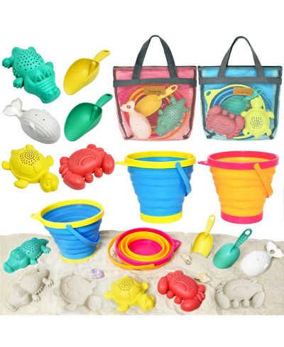 Gnuadz Collapsible Beach Sand Toys Set with Animal Molds, Buckets and Mesh Bags, Ages 5+