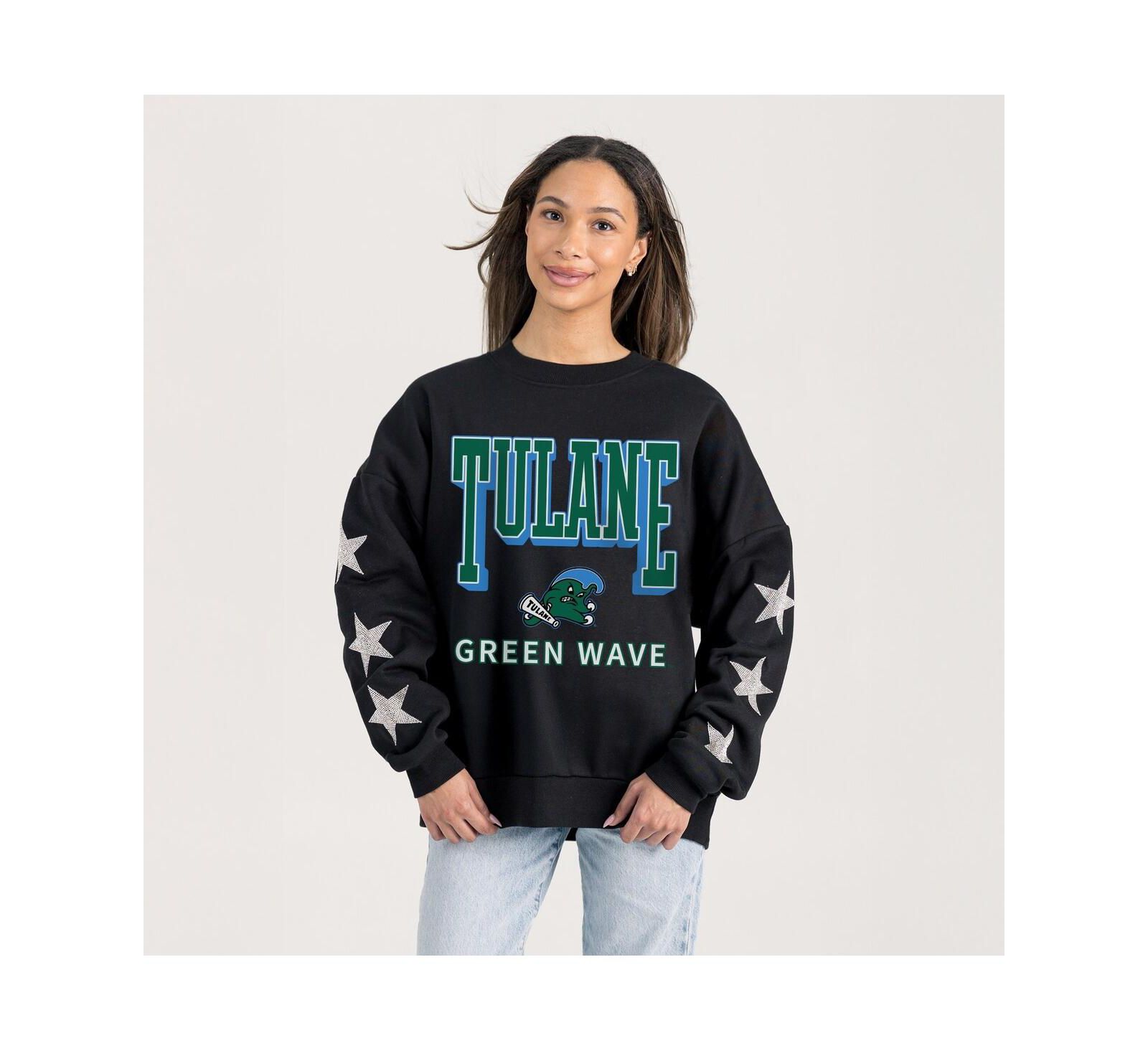 Gameday Couture Women's Black Tulane Green Wave Pure Victory Relaxed Rhinestone Pullover Sweatshirt