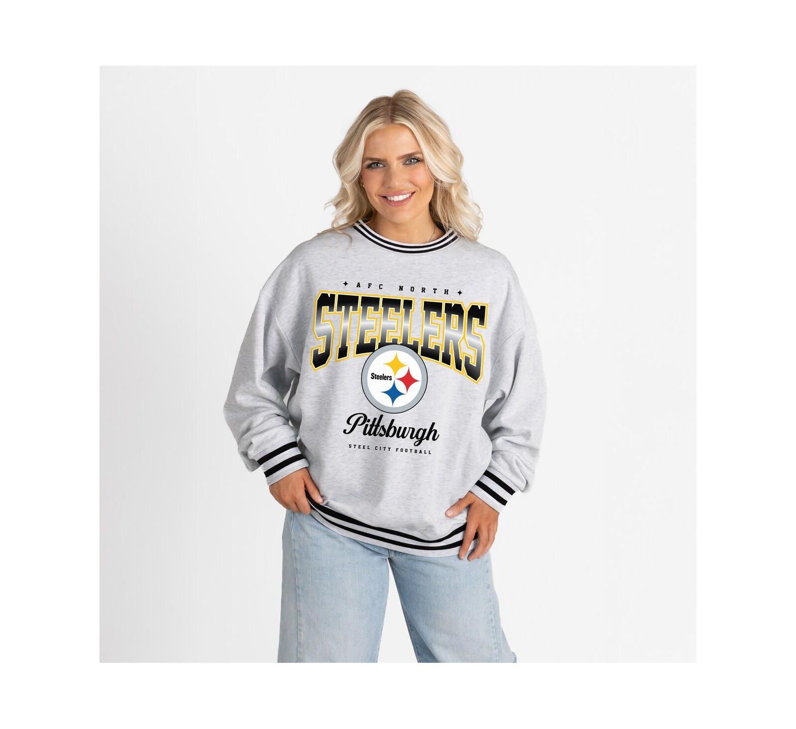 Gameday Couture Women's Ash/Black Pittsburgh Steelers Oversized Gridiron Drive Ringer Stripe Sweatshirt