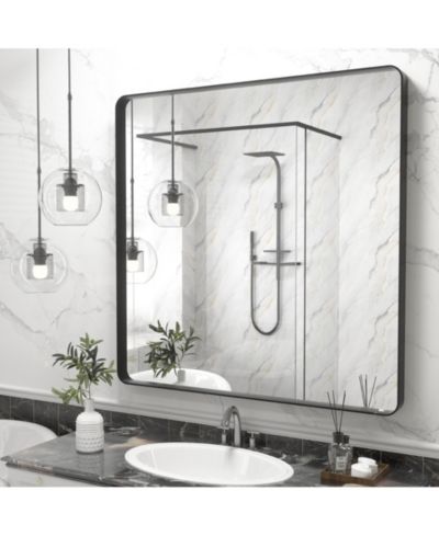 Apmir 36" x 36" High-Strength Tempered Glass and Aluminum Alloy Framed Wall Decor Bathroom Vanity Mirror in Matte Black