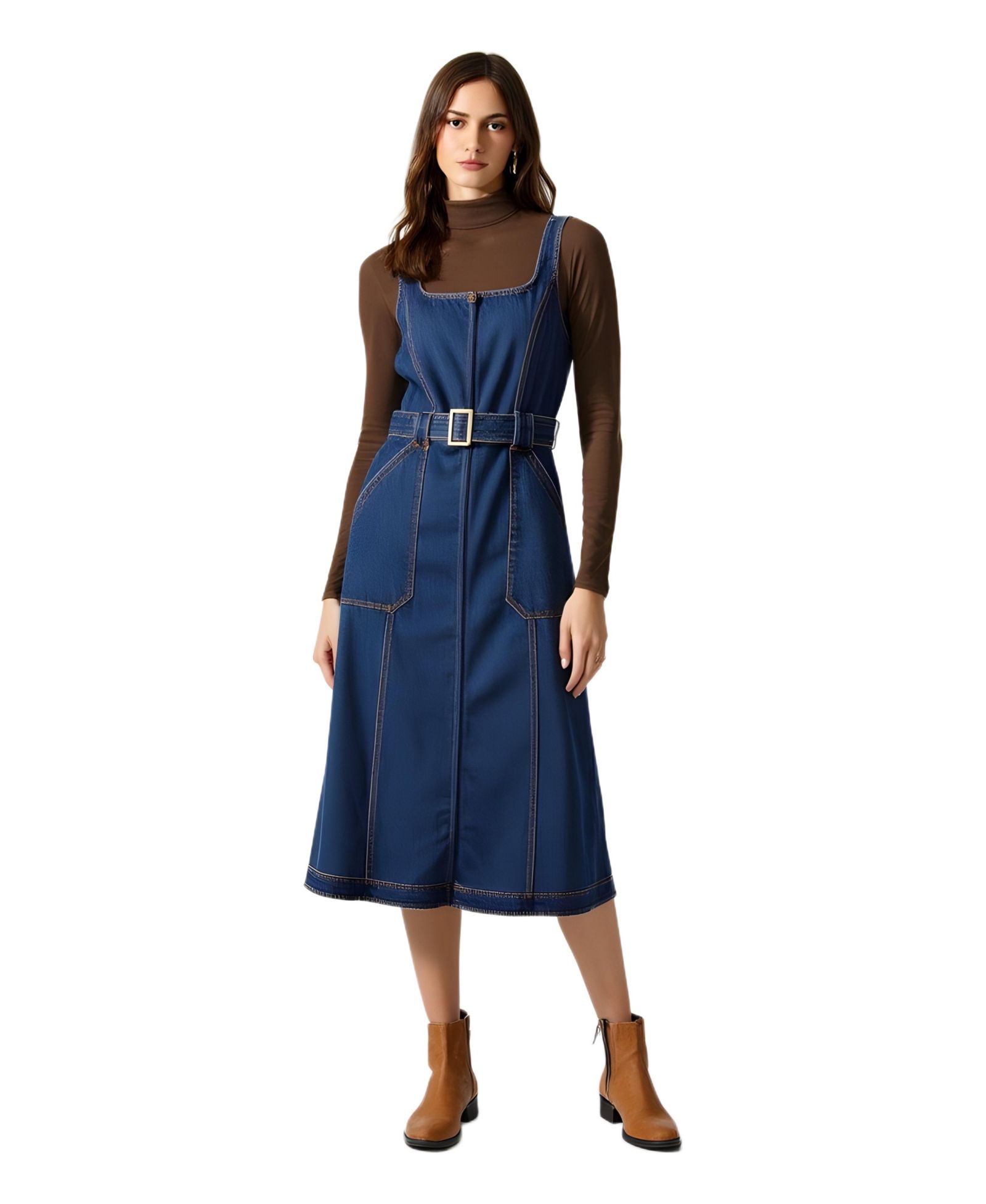 Женское джинсовое миди-платье Modenaire Square-Neck Zip-Front с ремнем
