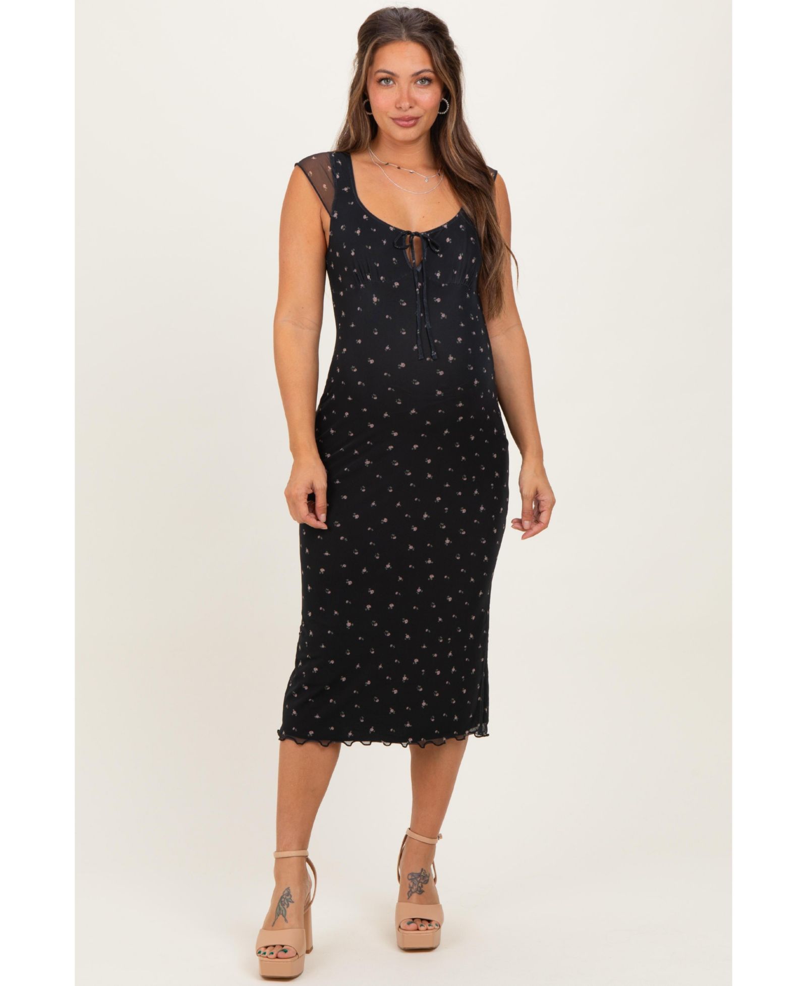 Женское миди-платье Pinkblush Black Floral Mesh Front Tie Cutout