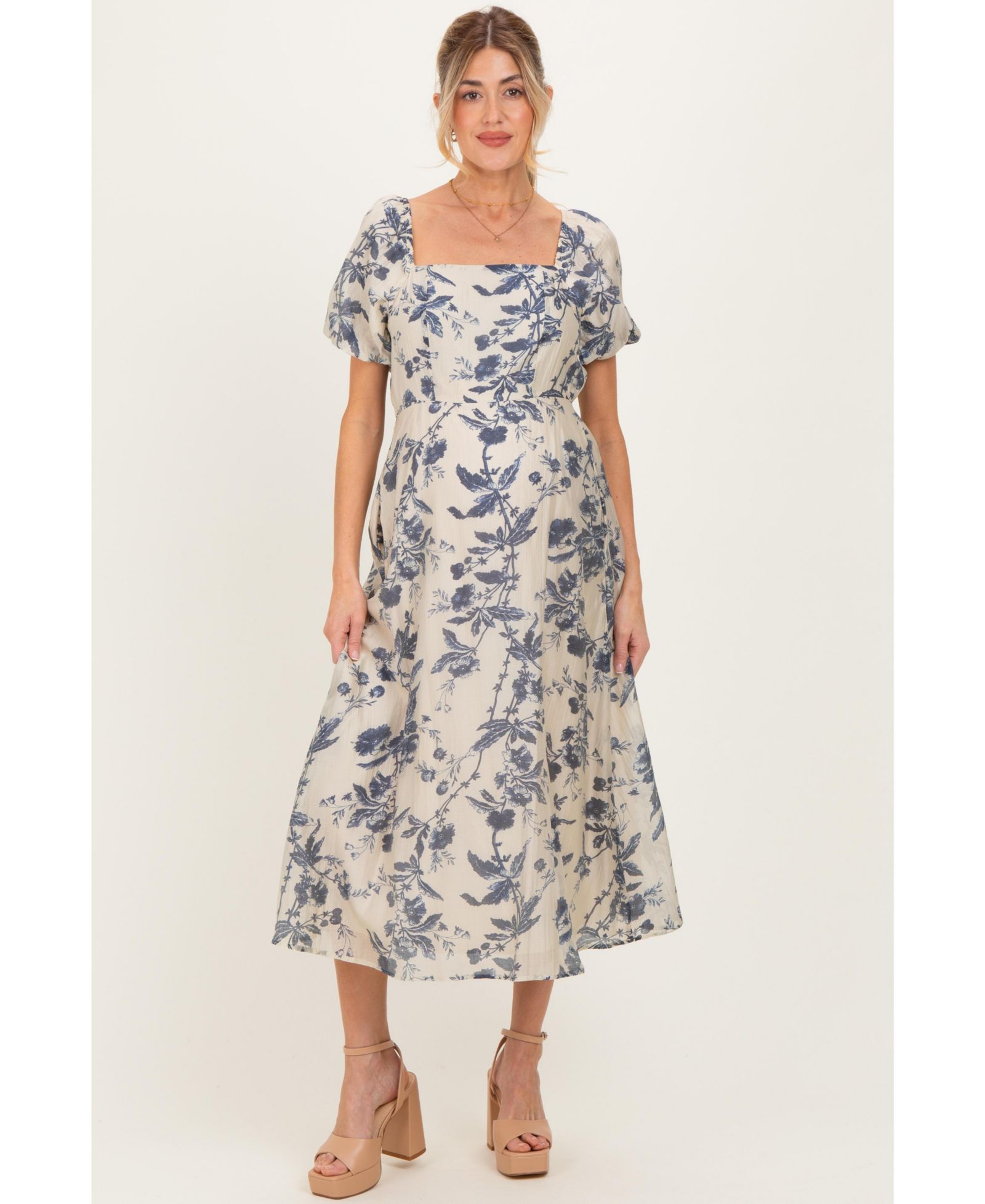 Платье Pinkblush Women's Navy Blue Floral Square Neck Puff Sleeve Midi