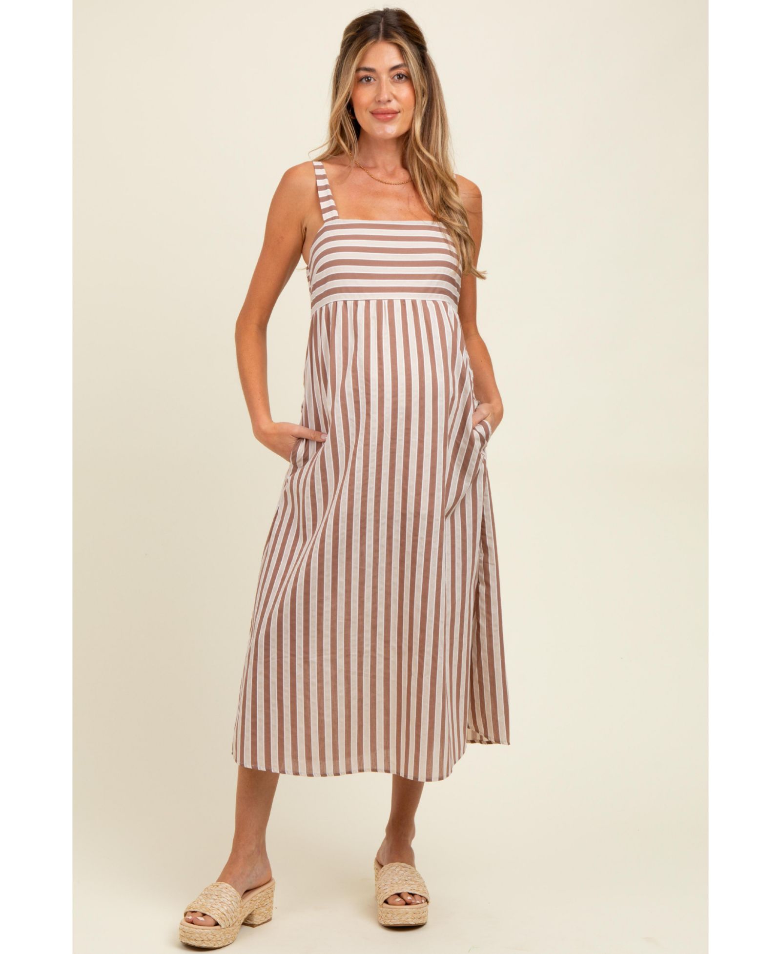 Pinkblush Women's Mocha Striped Sleeveless Midi Dress
