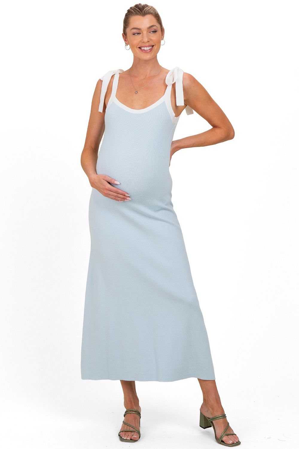 Pinkblush Women's Light Blue Knit Contrast Shoulder Tie Dress