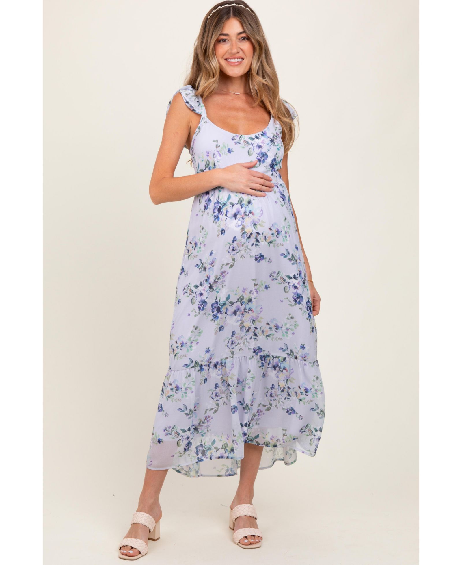 Pinkblush Women's Lilac Floral Textured Open Back Tie Maxi Dress