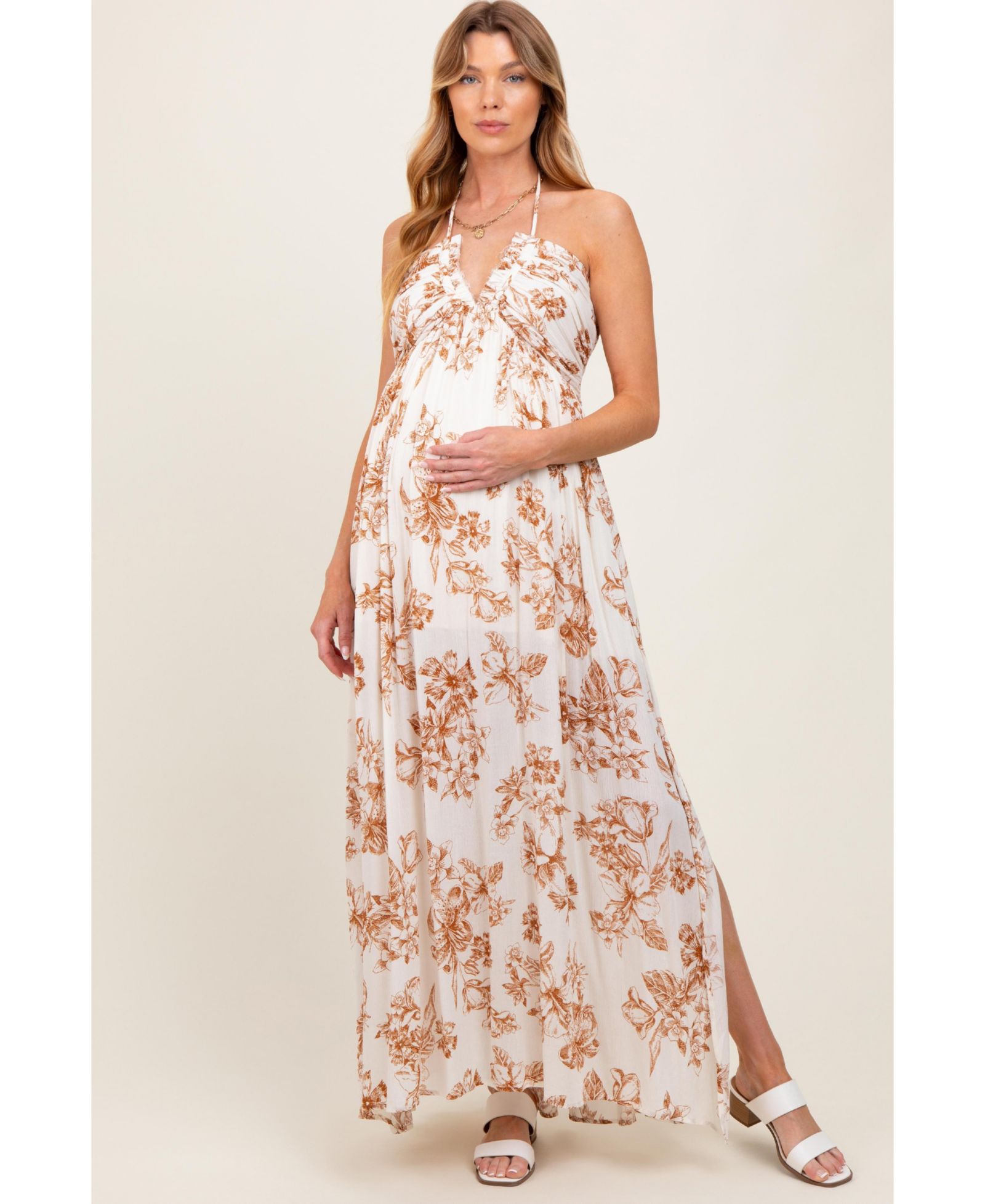 Pinkblush Women's Light Blue Floral Tie-Back Halter Maxi Dress