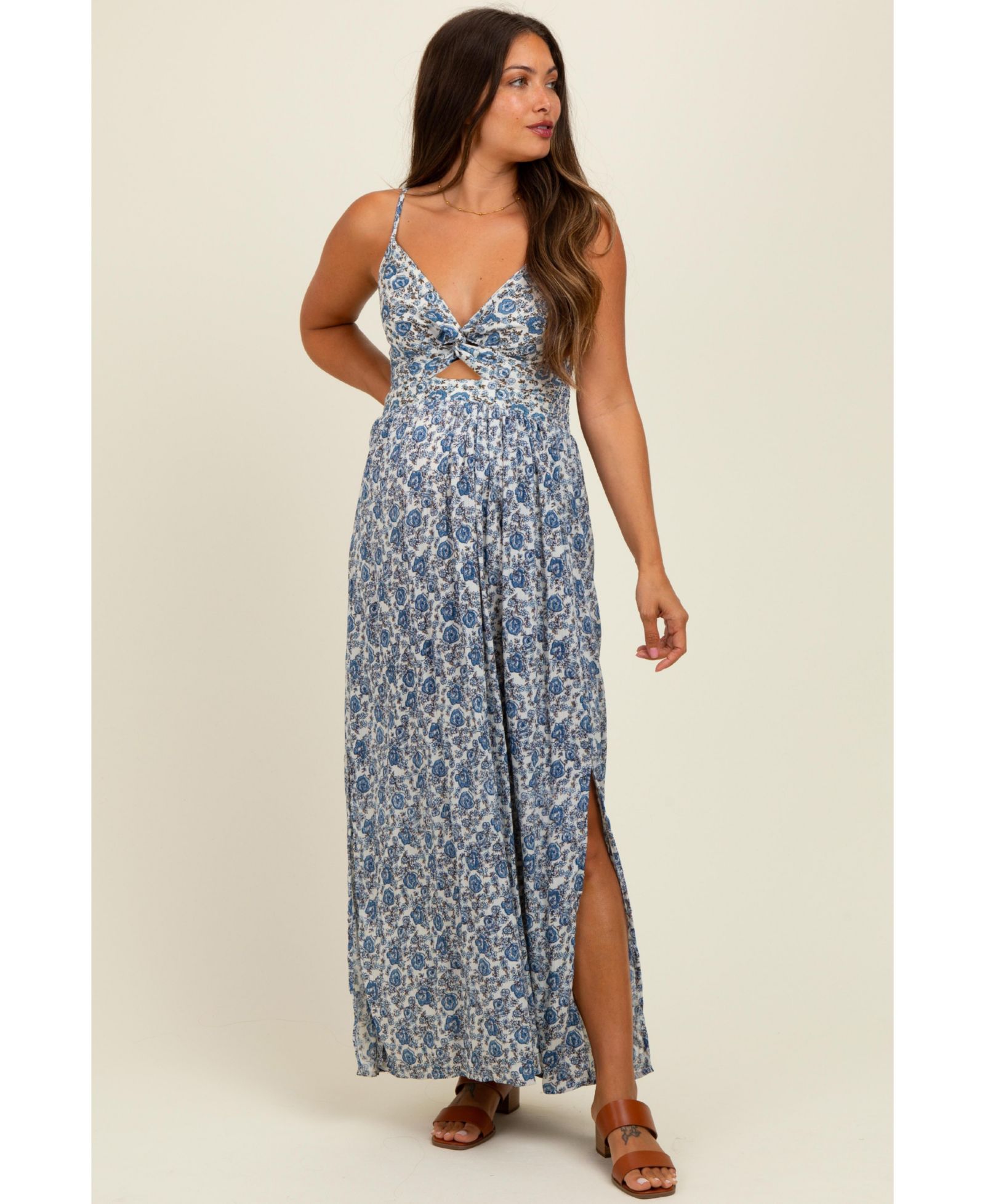 Женское платье Pinkblush Blue Floral V-Neck Twist Front Keyhole Maxi Dress