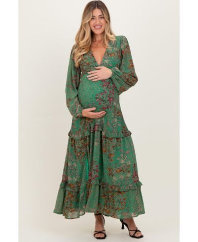 Макси-платье Pinkblush Women's Green Floral Chiffon V-Neck Long Sleeve