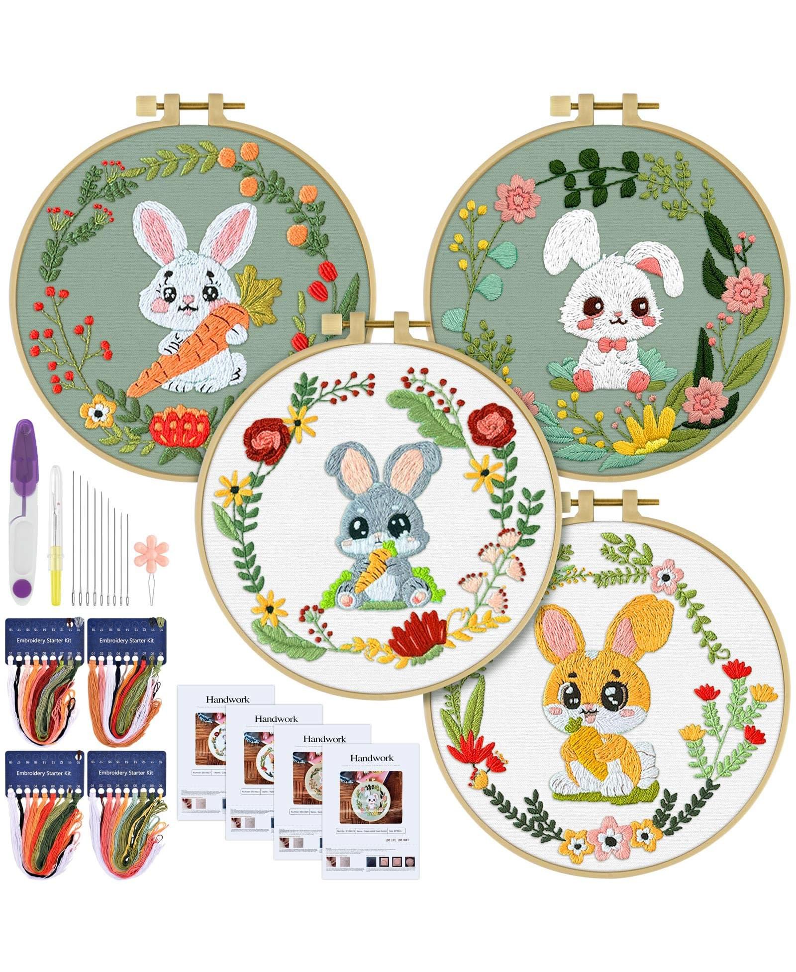 GNUADZ 4 Sets Embroidery Kit Rabbit Animal Cross Stitch Cloth Hoops Threads