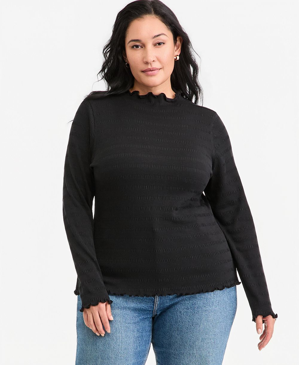 On 34th Plus Size Long-Sleeve Funnel Neck Puckered-Rib Top, Macy's Exclusive