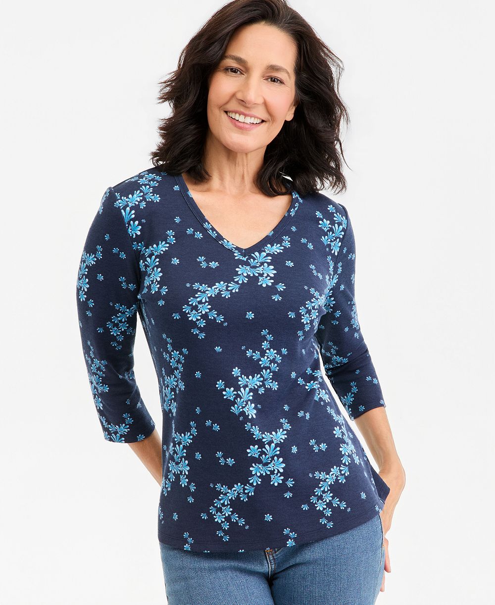 Style & Co Petite V-Neck 3/4-Sleeve Scattered Floral Print T-Shirt, Created for Macy's