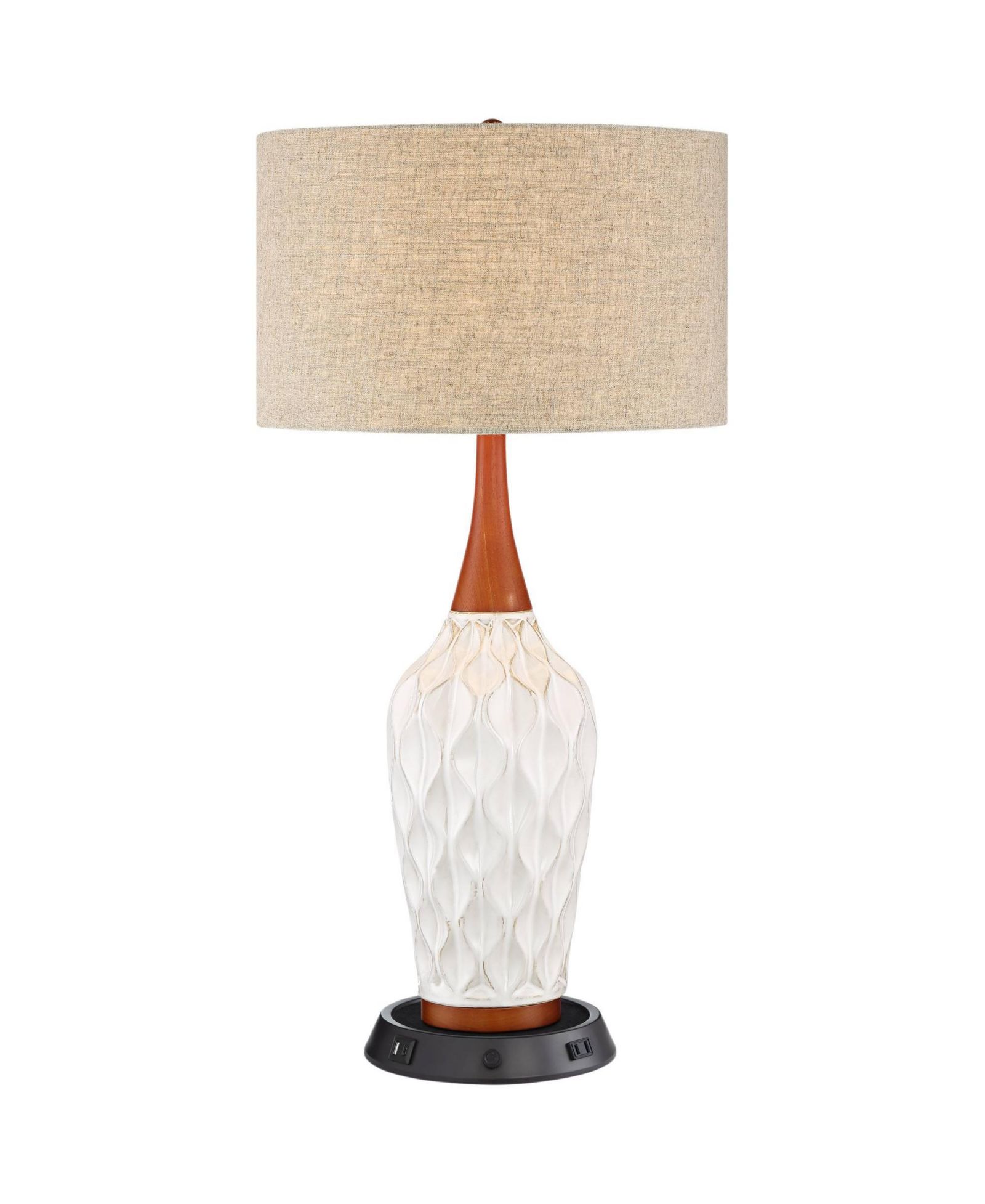 360 Lighting Rocco Modern Mid Century Table Lamp 30" Tall Ceramic with Dimmable USB and AC Power Outlet in Base Tan Drum for Living Room House