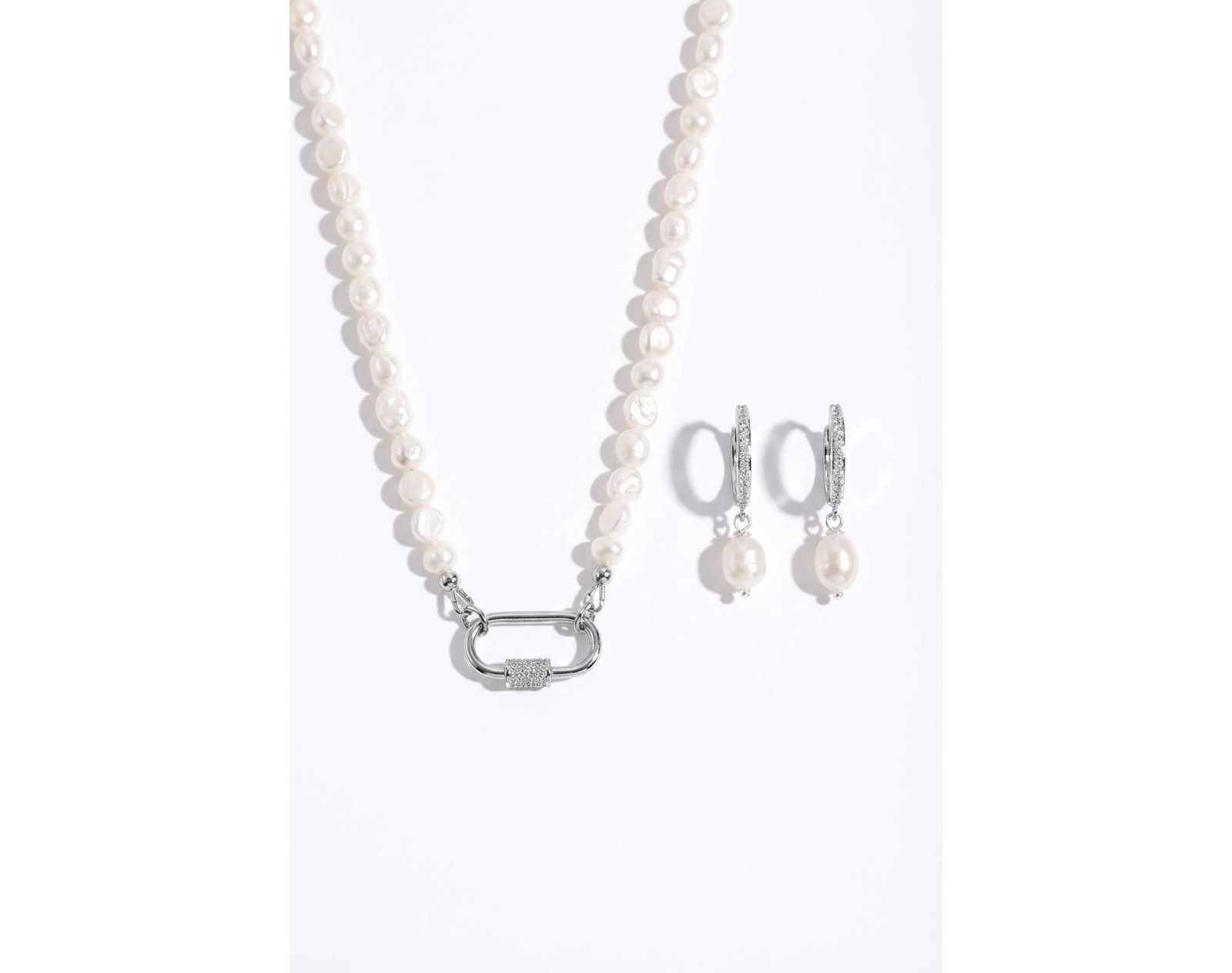 Joey Baby Baroque Pearl Silver-Tone Stainless Steel Necklace And Huggie Earring Set