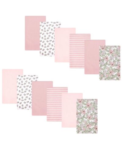 Hudson Baby Girl Cotton Poly Flannel Burp Cloths Bundle 12-Pack, Soft Pink Floral, One Size