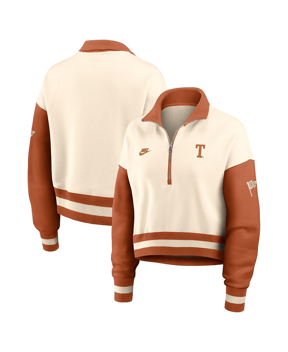 Женская укороченная джемпер-толстовка Nike Natural/Texas Orange Texas Longhorns Oversized Legacy Color Block Cropped Quarter-Zip Pullover Sweatshirt
