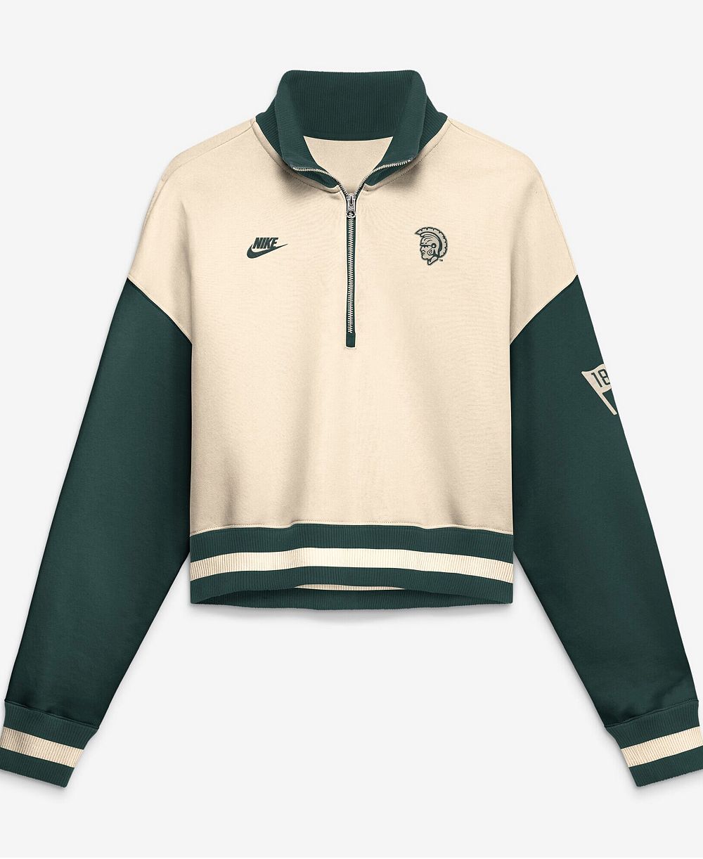 Nike Women's Natural/Green Michigan State Spartans Oversized Legacy Color Block Cropped Quarter-Zip Pullover