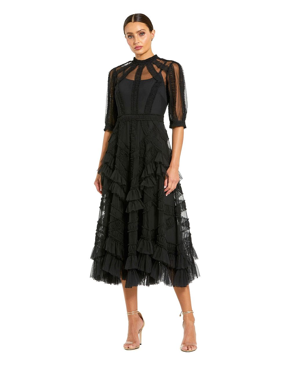 Женское миди-платье Mac Duggal Petite Illusion High Neck Tiered Ruffle A-Line