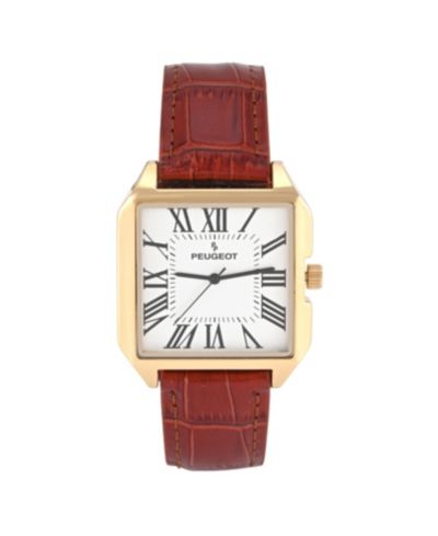 Peugeot Men's 14K Gold-Plated Square Vintage Dress Watch with Roman Numeral Dial and Brown Leather Strap