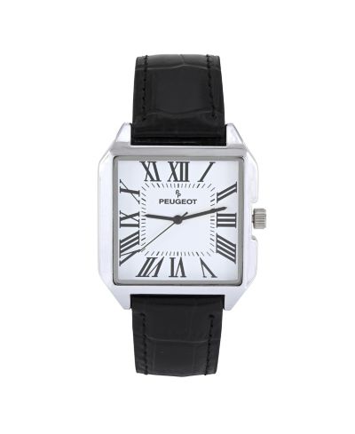 Peugeot Men's White Dial Square Vintage Dress Watch with Roman Numeral Dial and Black Leather Strap
