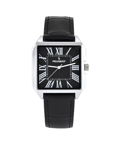 Peugept Men's Black Dial Square Vintage Dress Watch with Roman Numeral Dial and Leather Strap