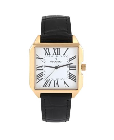 Peugeot Men's 14K Gold-Plated Square Vintage Dress Watch with Roman Numeral Dial and Black Leather Strap